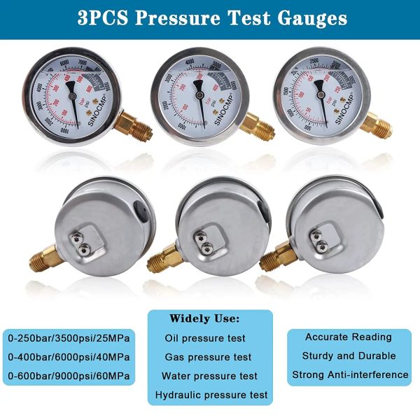 3 Gauges 11 Couplings 3 Test Hoses 1 Aluminum Case 25/40/60Mpa Silver Hydraulic Pressure Test Kit